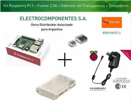 Kit Raspberry Pi 3 Element14 +2.5a Gab Jet Transparente + Disipadores 